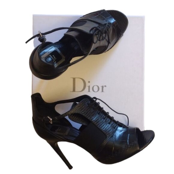 Dior black heel lace up peeptoe heeled leather bootie box stiletto Italy size 9 - Picture 1 of 14